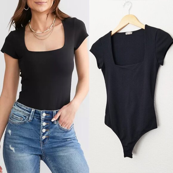 Free People Intimately Square Eyes Bodysuit Black XS Cap Sleeves Square Neck $58 - Picture 1 of 15
